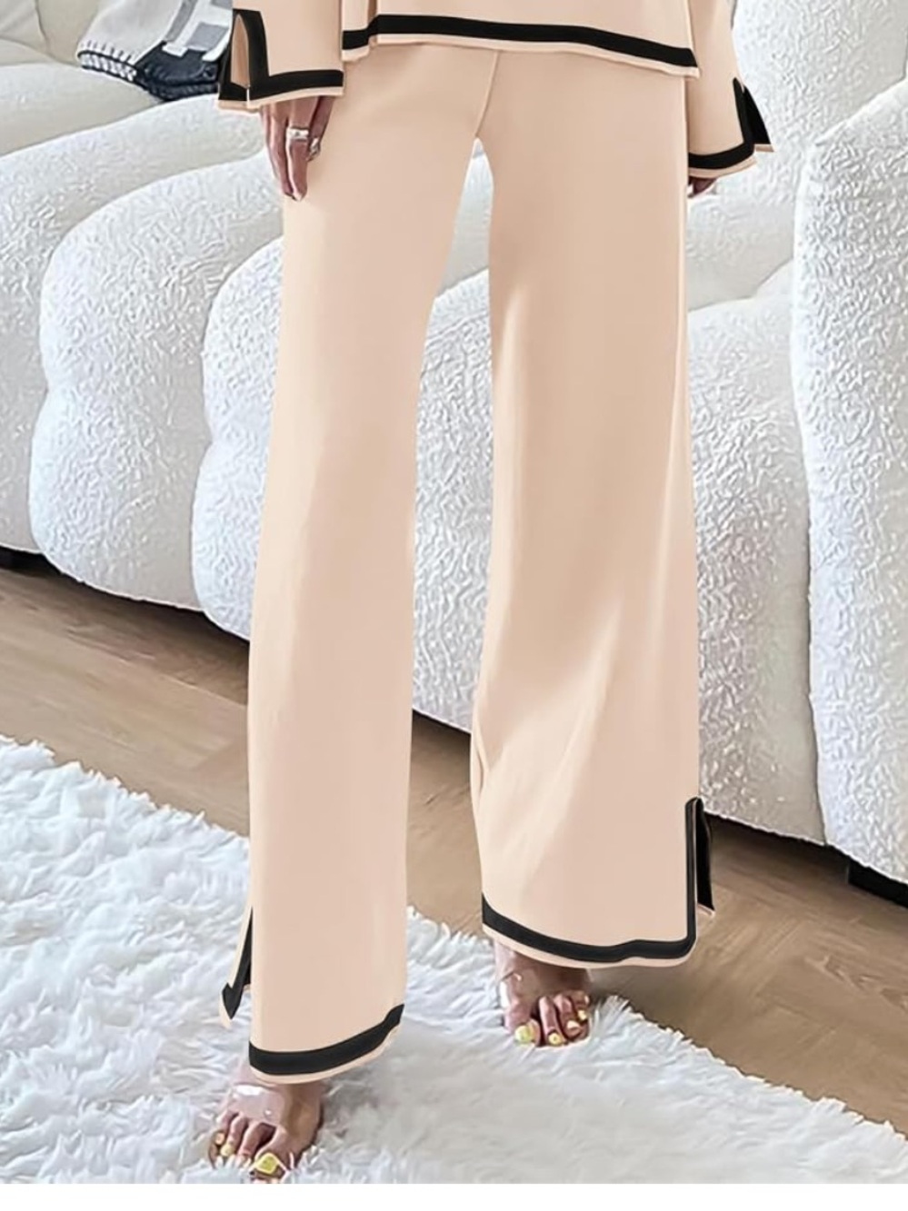 Cream Wide-Leg Knit Pants with Black Trim